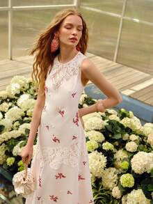 MOTF PREMIUM WOMEN'S ELEGANT LACE PATCHWORK DESIGN LONG DRESS, SPRING/SUMMER GRADUATION GUEST BLUSH PINK - Pink - View 8