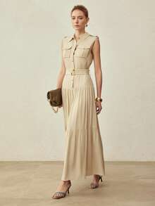 MOTF PREMIUM LINEN BLEND UTILITY POCKET LAYERED MAXI SHIRT DRESS, VINTAGE STYLE, SPRING/SUMMER - Khaki - View 5