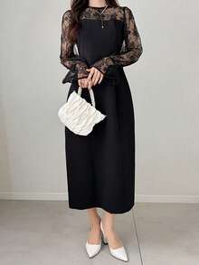 FRIFUL Women's Round Neck Chiffon Mesh Patchwork Bell Sleeve Contrast Color Sweet Casual Party Dress Sundress - Black - View 9