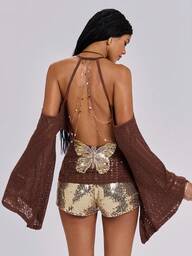 ROMWE Y2K Blouse ajourée sexy et avant-gardiste pour femmes avec décolleté profond drapé, manches évasées et chaîne transparente