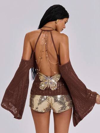 Y2K Blusa transparente con cadena, cuello profundo drapeado, espalda descubierta y mangas acampanadas, de estilo vanguardista y sexy para mujeres