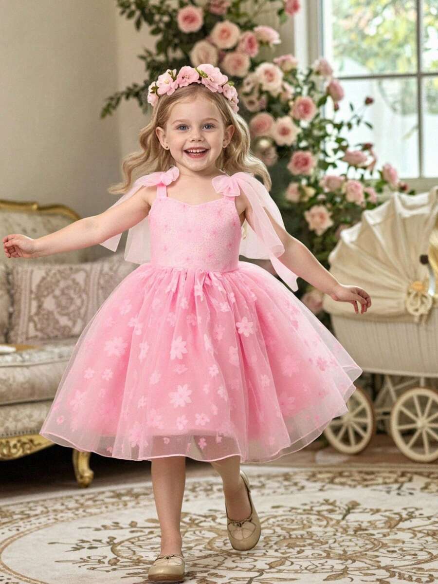 Glamorique Kids Vestido de Princesa de Tule Bordado sem Mangas para Meninas, Rosa, Saia Volumosa Fofa, Adequado para Dama de Honra, Festa de Aniversário, Casamento, Feriado, Sessão de Fotos, Todas as Estações - Rosa chiclete - Visão 1