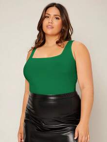 EMERY ROSE Camiseta de tirantes de verano de talla grande con cuello cuadrado y ajustada de unicolor - Verde - Ver 6