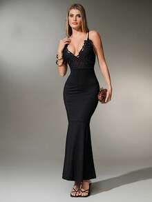 Nuvra Women's Spaghetti Strap Low-Cut Double-Layer Shapewear Slip Dress With Lining, Waist Cinching, Butt Lifting, Mid-Length Body Shaping Dress - Black - View 9