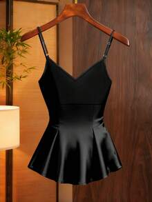 Franclia 女士时尚优雅纯色收腰深V领吊带衫 - 黑色 - 查看 2