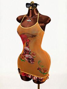 Mistrie 2026 Street Hip-Hop Mini Skirt, Y2K Style Bad Girl Style Tight Fitting Mini Mesh Dress With Skull And Rose Prints, Suitable For Women's Summer Fashion In Street And Party Outfits - Orange - View 5