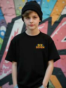 Tween Boy Spring And Summer Casual Stylish Creative Personalized Refreshing Minimalist Numeric 67 Lightning Bolt Graphic Letter Slogan Print Basic Short T-Shirt, Comfortable Daily Wear For Boys - Black - View 6