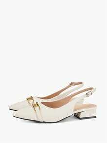 女士新款时尚舒适优雅尖头无后跟绑带粗跟一脚蹬高跟鞋，适合搭配连衣裙，显瘦 - 米色 - 查看 6