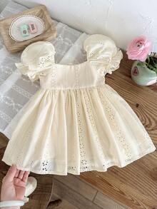 LMoss Kids 女婴纯色梭织方领花瓣袖休闲连衣裙 - 白色 - 查看 4
