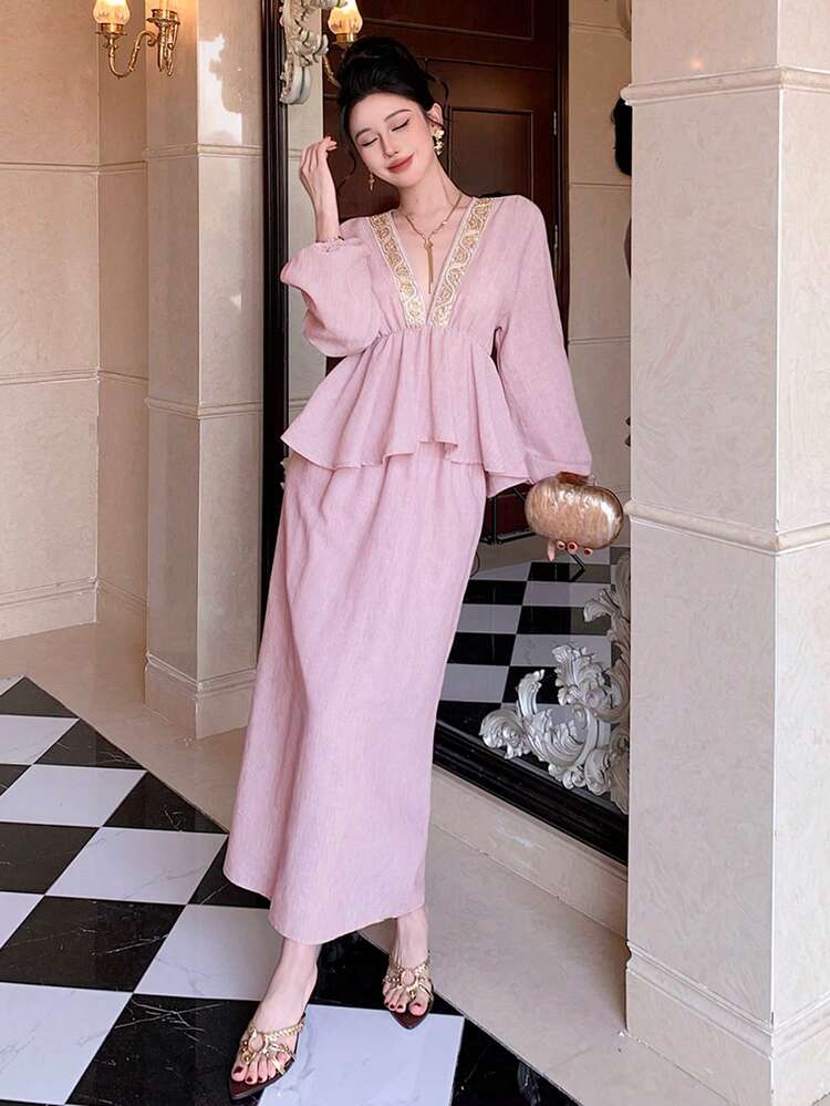 Women's V-Neck Waist Cinched Long Sleeve Embroidered Patchwork Blouse And Long Straight Maxi Skirt Elegant 2-Piece Set Summer