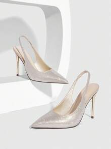 CUCCOO SZL 春秋新款金色钻石尖头镀金细跟时尚派对性感前卫优雅女士高跟鞋 - 金色 - 查看 2