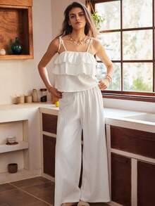 Bohemian Style 100% Cotton Camisole Pajama Set For Women - White - View 6