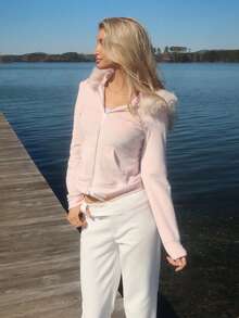 Sydney Algeri 复古短款毛绒拉链卫衣外套，女士款，粉色，秋冬款 - 粉色 - 查看 3