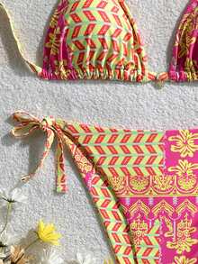 SHEIN Swim Pink Summer Boho Vacation Holiday Plus Size Bikini Set,Positioning Print Tie-Up Halter Neck Brazilian Swimwear Tummy Control Bathing Suits - Multicolor - View 3