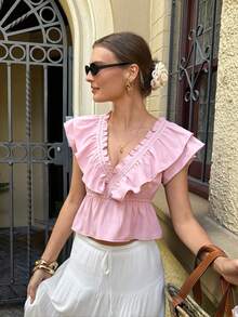 Serisse 女士V领褶皱休闲百搭日常衬衫 - 淺粉色 - 查看 3