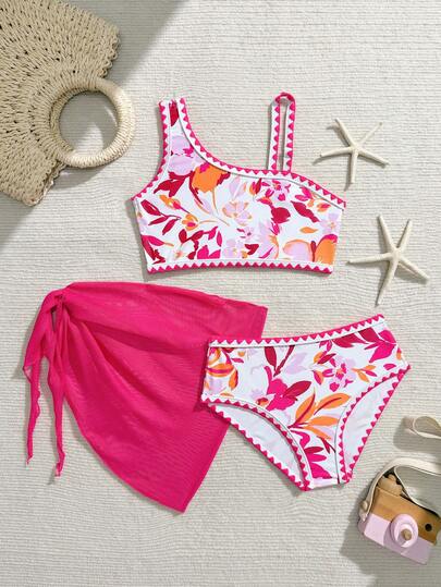 Young Girl Floral Print Swimwear Set With Cover-Up And Skirt, Summer Beach Vacation