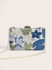 Enchnt Sac de soirée à fleurs brodé pailleté (motif aléatoire, pièce unique), sac à main élégant et raffiné pour femme avec chaîne métallique, convient pour les fêtes, les mariages, les bals de promo, l'Halloween, le carnaval. Sac bandoulière coloré. - Bleu azur - Voir 3
