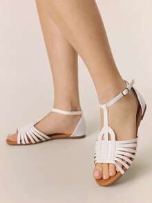 Styleloop Giày sandal đế bằng nữ, sandal kiểu La Mã, quai chéo trang trí, giày du lịch phong cách Bohemian, thích hợp cho mùa hè, đi biển, dạo phố, phù hợp cho kỳ nghỉ, mùa xuân và mùa hè. - trắng - Xem 3