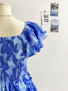 Soleia Plus Size Women's Vacation Blue Floral Print Cap Sleeve Tie Front Mini Dress - Blue - View 4