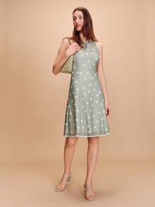 lacRébo Sage Green Polka Dot Fitted Sleeveless Mesh Midi Dress Spring Summer French Style Parisian Style Vacation Dress Wedding Guest Dress Polkadot Dress - Green - View 3
