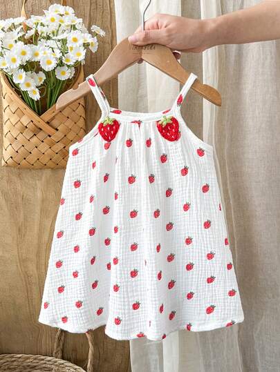 Vintaside Kids Baby Girls' Summer Sweet Fresh Strawberry Print Halter Dress, Loose A-Line Silhouette, Suitable For Daily Outings, Casual Trips, Family Gatherings, Summer Picnics