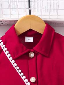 Robe rouge unie confortable pour jeune fille, pour l'école, les activités extérieures, les fêtes, avec col, manches bouffantes, cardigan, comprend un mini sac, été - Rouge foncé - Voir 3