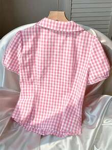 CovetEZ Women's Summer Casual Holiday Pink & White Plaid Short Petal Sleeve Single-Breasted Lapel Waist Casual Shirt - Pink - View 3