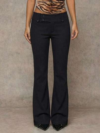 SHEIN BAE Women's Four Seasons Casual Commuting Minimalist Solid Color With Vertical Stripes Texture Low-Waist Pants,Pockets /Elastic Waist /Loose Wide Leg Pants/Black Pants/Textured Pants/Office Outfits For Women
