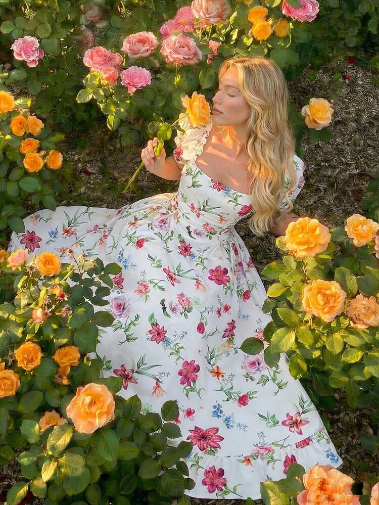 dress flowers casual Skyraze Women's White Floral Summer Cottage Core Party French Style Botanical Print Midi Dress,Elegant Wedding Guest Formal Vintage Retro How do you feel Inseam:X-Long WHL2086 Business casual summer vacations