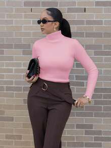 Melissa Matos 高领加厚保暖修身毛衣，保暖贴身打底衫，秋冬季针织套头衫 - 粉色 - 查看 4