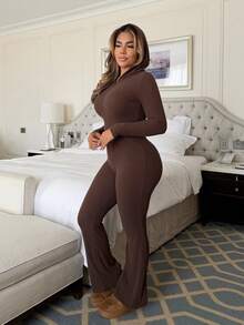 Maria Perezxox 2pcs Women Casual Hooded Sweatshirt With Pockets & Ribbed Flare Pants Set, Versatile For Daily Wear, Autumn/Winter - Chocolate Brown - View 4