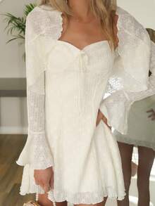 Sydney Algeri 2 件套女士秋冬时尚蕾丝花边吊带背心和蕾丝领带腰部 A 字迷你连衣裙套装 - 杏色 - 查看 3