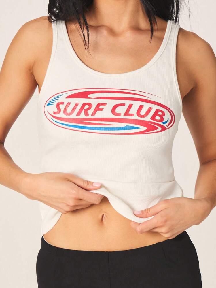 MISSGUIDED Women's Surf Club Scoop Neck Sleeveless Cami Tank Top With Ribbed Cotton Texture And Red Blue Logo Print