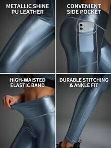 Innovista 女士时尚金属户外紧身裤，金属蓝银色高腰PU皮革质感紧身裤，V腰提臀亮面弹力健身紧身裤，防走光亮面瑜伽HIIT运动休闲裤 - 深灰色 - 查看 10