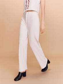 lacRébo 白色提花面料阔腿裤，夏季春夏法式巴黎风情长裤 - 米色 - 查看 5