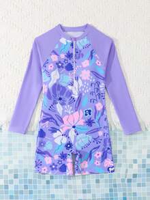 SHEIN Tween Girl Cute Beach Purple Tropical Floral Long Sleeve Zip-Up Jumpsuit,Summer Holiday Kids Rash Guard Swimsuit UV Protection Modest Swimming Wear - Purple - View 7