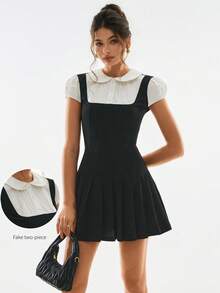 Poéselle Women's Cute Mini Dress With Peter Pan Collar And Puff Sleeves, 2 In 1 - Black and White - View 4
