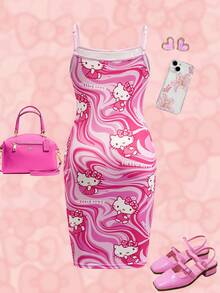 HELLO KITTY AND FRIENDS | SHEIN 少女时尚卡通印花无袖连衣裙，夏季 - 彩色 - 查看 2