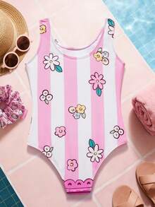 HELLO KITTY AND FRIENDS | SHEIN 1件少女可爱休闲卡通条纹图案连体泳衣 - 彩色 - 查看 2