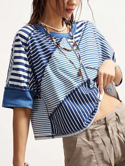 Bohemela Boho Spring/Summer Women's T‑Shirt In Blue, Featuring A Nautical Color‑Block Striped Patchwork Design. Suitable For Beach Vacation Outfits, Easter And Going‑Out Looks, Casual Women's Wear, Women's Holiday Outfits, And Daily Wear. Perfect For Music Festival Party Styles, Back‑To‑School Outfits, American Street Style, Sports, Outings, Cycling, Parties, Valentine's Day, Carnivals, Music Festivals, St. Patrick's Day,