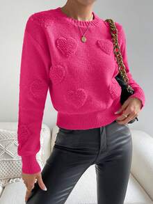 SHEIN Unity Heart Knit Drop Shoulder Sweater Knit Pullover Fall Winter - Hot Pink - View 4