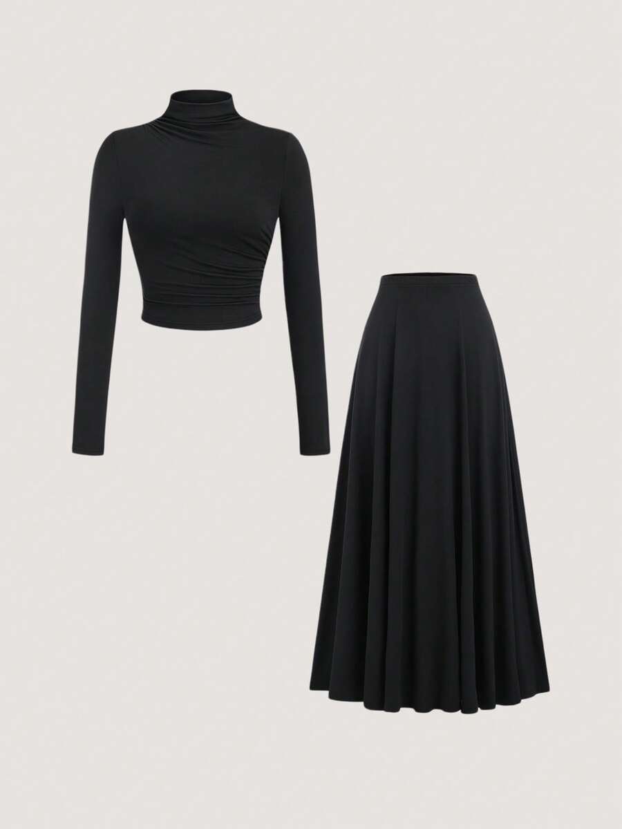 Olithes 2 件女士优雅立领长袖 T 恤和长针织裙套装，秋冬 - 黑色 - 查看 1