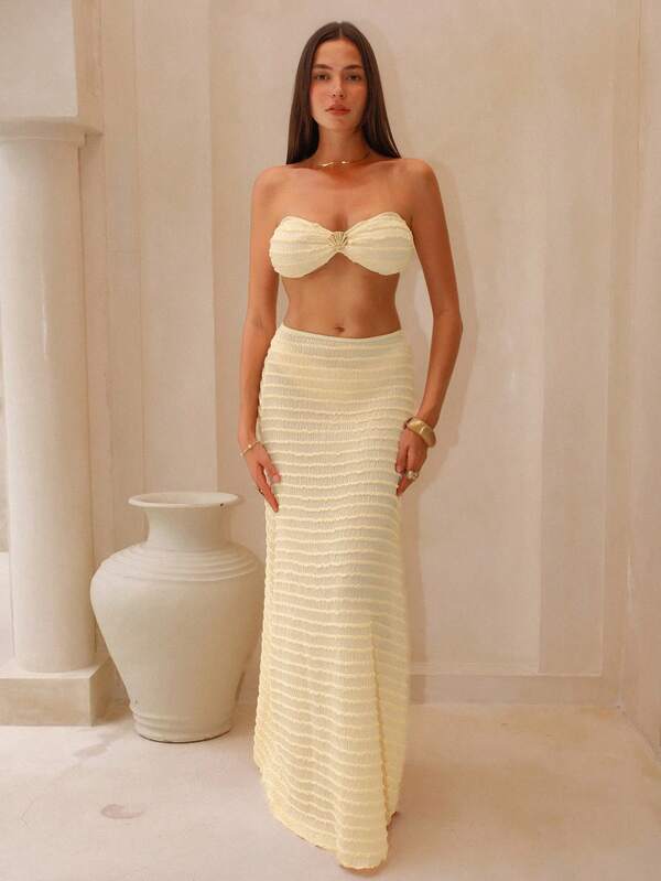 Swim Oasis 3pcs Set: Premium Metallic Shell Fabric Bust Support Swimwear Top, V-Cut Bikini Bottom, And Solid Color Maxi Skirt