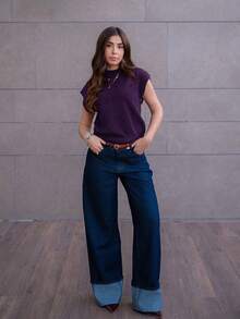 Hitanina 优雅高领宽松休闲百搭秋冬无袖针织毛衣背心 - 紫色 - 查看 6