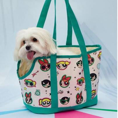 THE POWERPUFF GIRLS X PETSIN Große Tasche zum Tragen von kleinen Hunden, Kaninchen und Katzen; Weichseitige Leinwand-Transporttasche für Hunde, mit integrierter Leine; faltbare Welpen- und Katzentransporttasche in Grün.