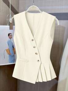 SHEIN Clasi Áo vest nữ thanh lịch, lãng mạn, màu trơn, xếp ly, bất đối xứng, cổ chữ V, cài nút, thích hợp cho công sở và ngày Valentine. - Màu Khaki - Xem 1