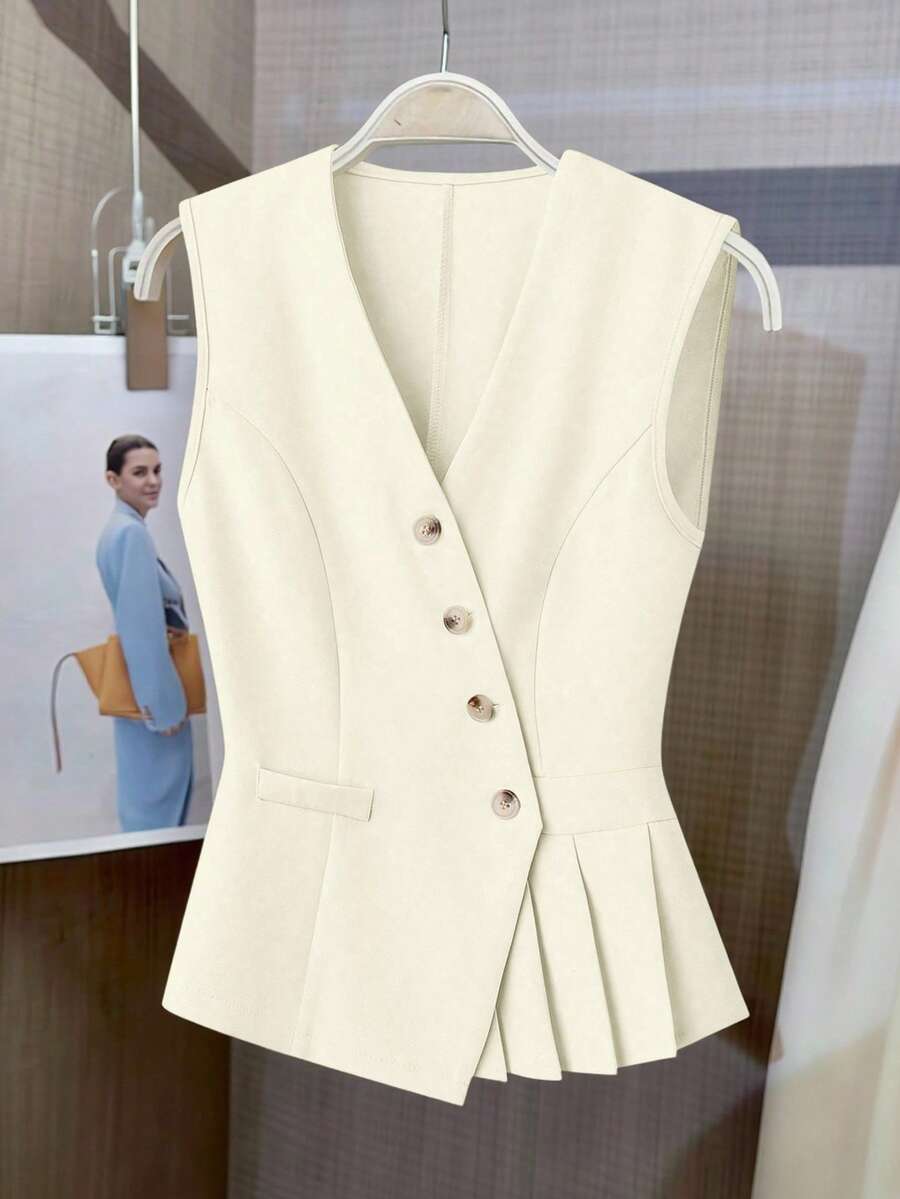 SHEIN Clasi Áo vest nữ thanh lịch, lãng mạn, màu trơn, xếp ly, bất đối xứng, cổ chữ V, cài nút, thích hợp cho công sở và ngày Valentine. - Màu Khaki - Xem 1