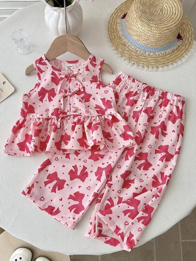 LMoss Kids 2pcs Baby Girl Woven Striped Bow Decor Round Neck Vest And Leggings Set