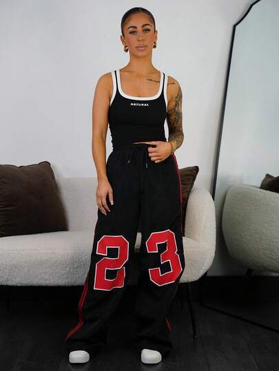 SAYEHFBABY 男式前系带数字印花休闲阔腿裤