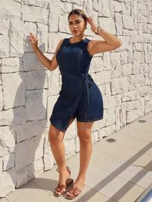 Maria Perezxox 新款女士牛仔工装裤和连体裤裹身式侧腰系带无袖连体裤秋季服装深蓝色法式优雅约会服装 - 深色水洗藍 - 查看 1